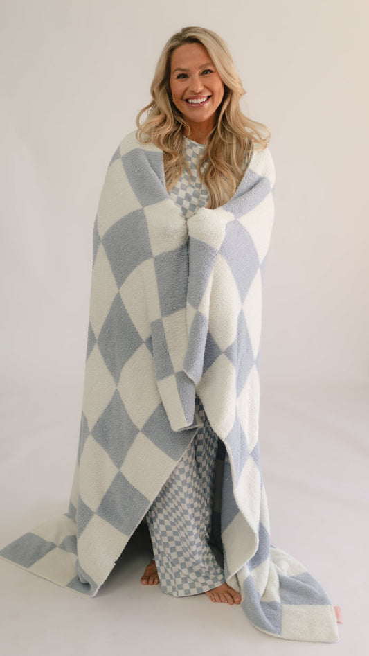 Adult Plush Throw Blanket in Cornflower Blue Checkered