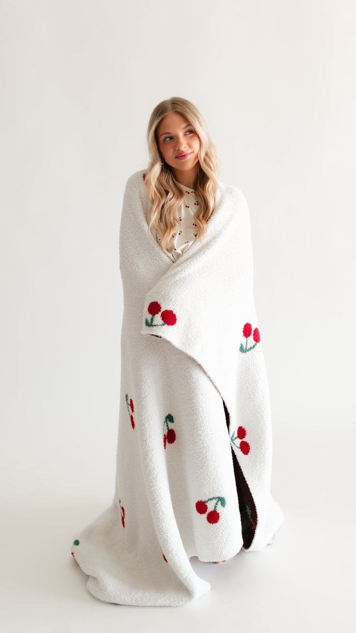 Adult Plush Throw Blanket in Cream Cherries