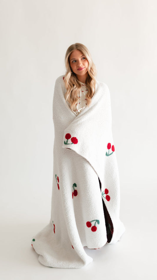 Adult Plush Throw Blanket in Cream Cherries
