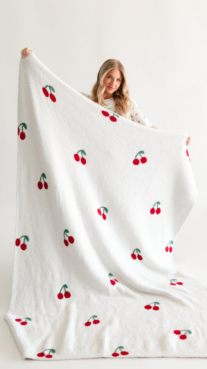 Adult Plush Throw Blanket in Cream Cherries