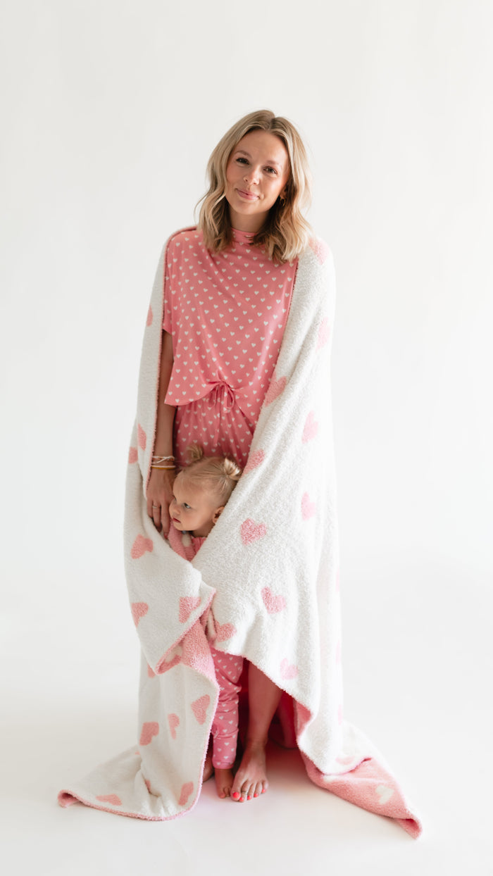 Adult Plush Throw Blanket in Pink Hearts