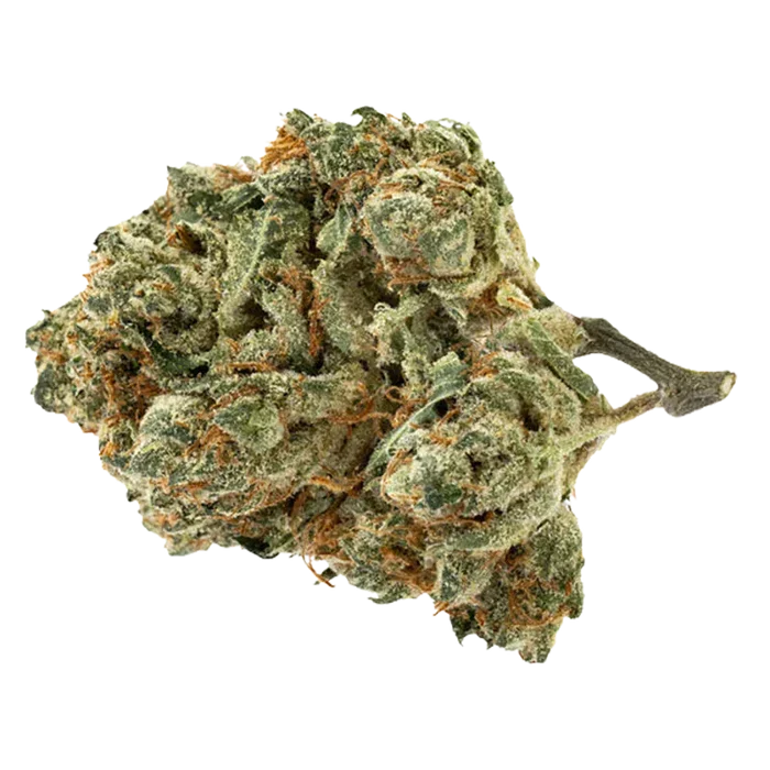 Close-up of a frosty green bud labeled Alien Pebbles showing dense trichome-covered nugs and orange hairs against a white background.