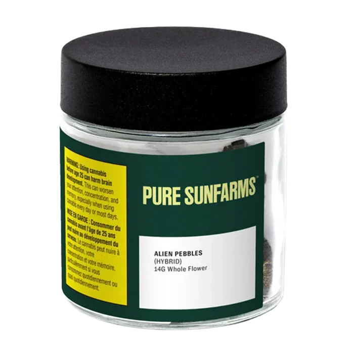 Front three-quarter view of the Pure Sunfarms Alien Pebbles glass jar with a black lid and green label showing product details.