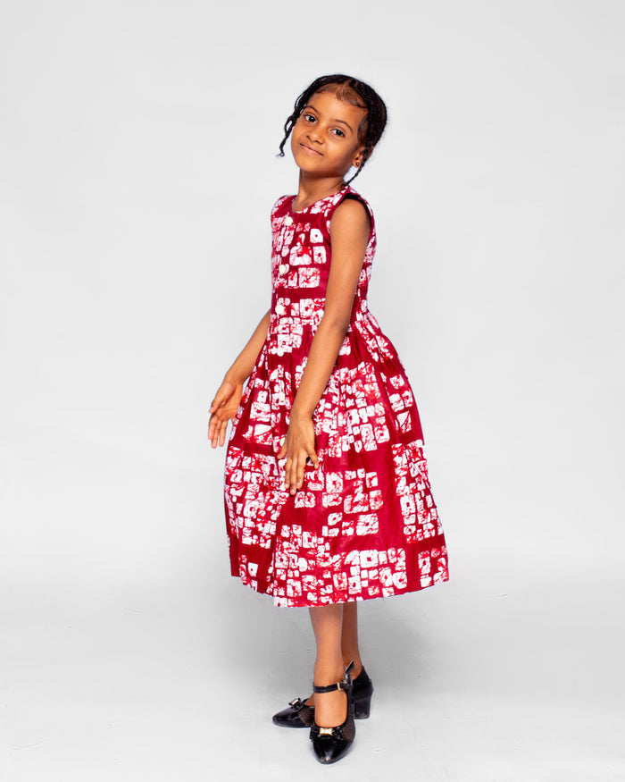Amanda Girls African Dress (in Wine and White Print, Buttoned Down)