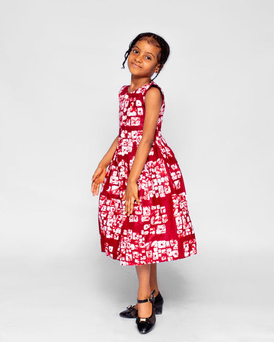 Amanda Girls African Dress (in Wine and White Print, Buttoned Down)
