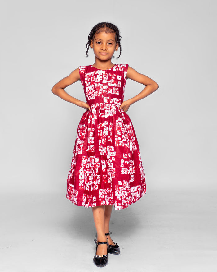 Amanda Girls African Dress (in Wine and White Print, Buttoned Down)
