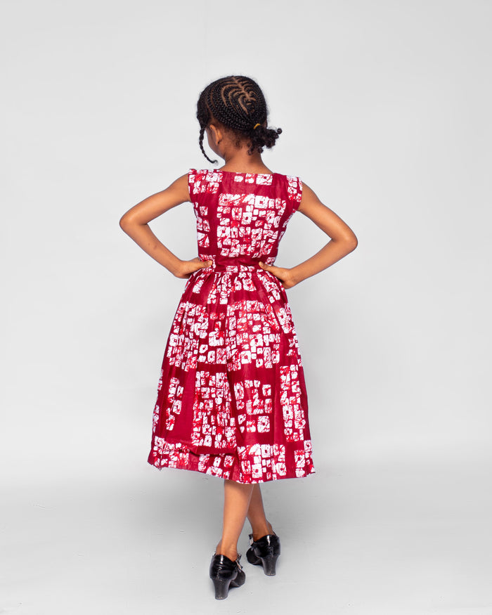 Amanda Girls African Dress (in Wine and White Print, Buttoned Down)