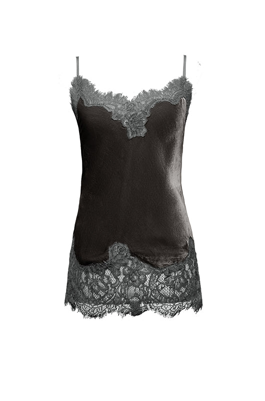 The Anastasia Lace Trim Velvet Cami in pewter.