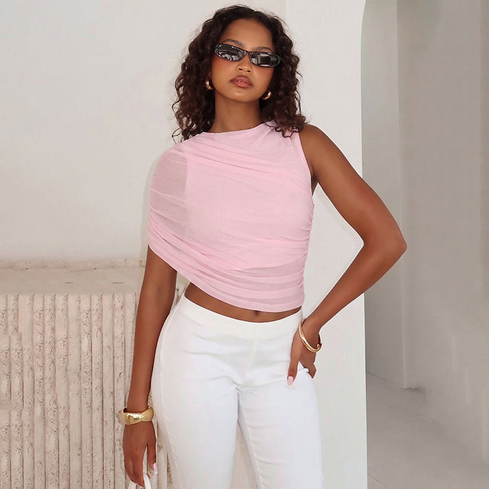 Anora One Shoulder Mesh Top - Pink
