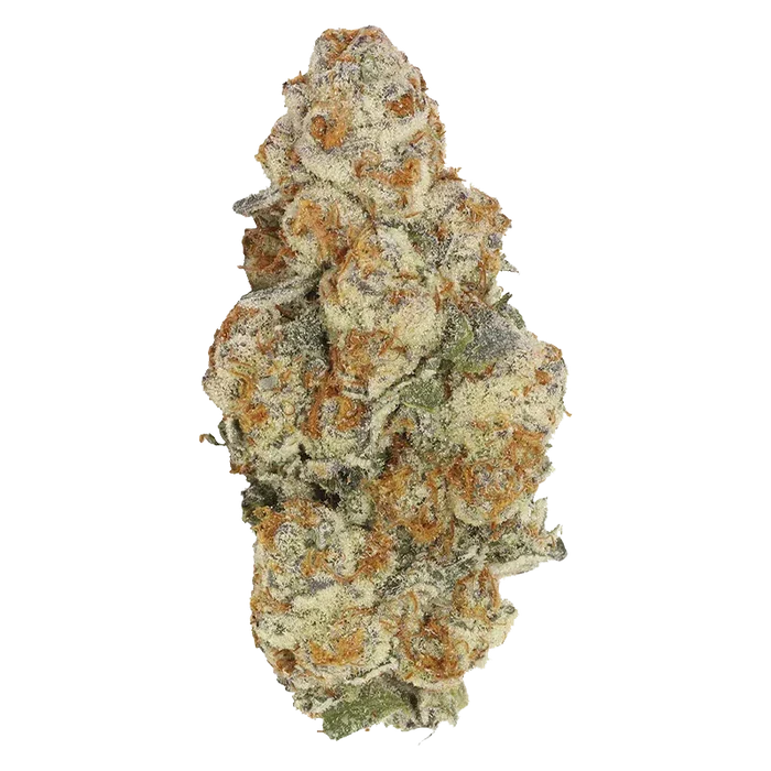 Single top-down close-up of a frosty cannabis bud labeled Astronaut Status, showing dense trichomes, orange pistils, and green-purple leaves.