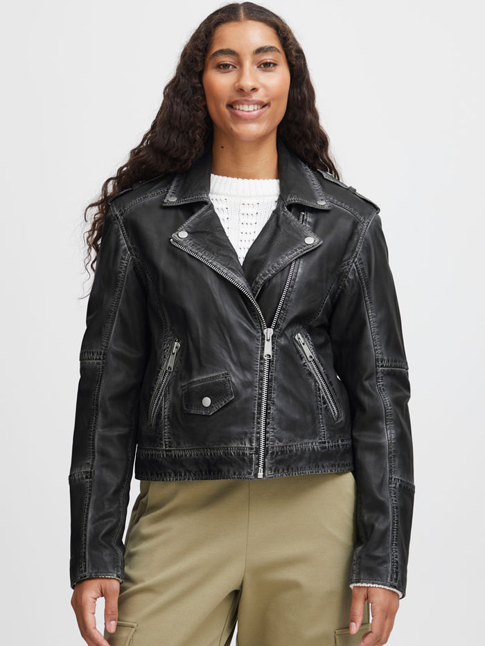 B Young ByDenno Leather Biker Jacket Grey
