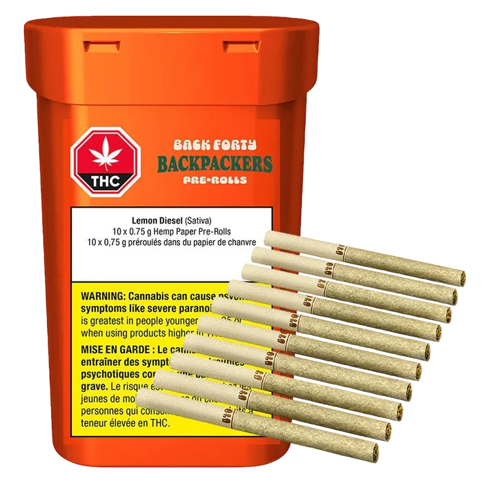 Angled front view of an orange plastic tub labeled Backpackers Lemon Diesel PR 10 x 0.75 g with ten hemp pre-rolls fanned across its lower right.