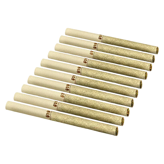 Angled top-down view of ten rolled joints arranged in a staggered grid, labeled Backpackers Lemon Diesel PR 10 x 0.75 g.