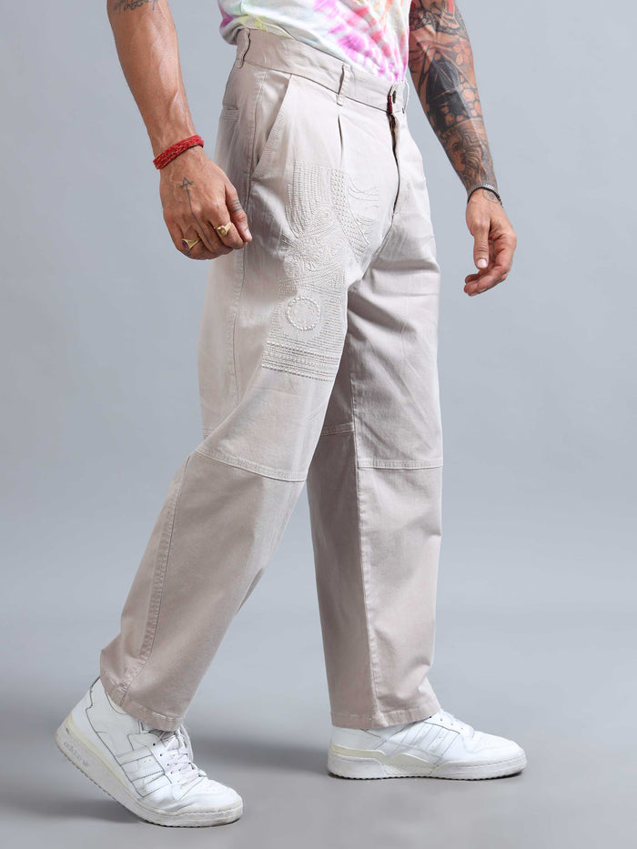 Cream Relaxed Fit Trousers for Men front view - Battalion Embroidered Trouser by Italian Colony