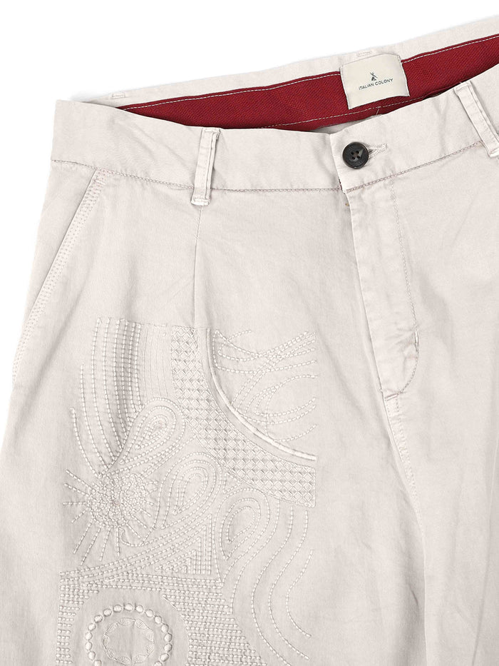 Cream Relaxed Fit Trousers for Men detail view - Battalion Embroidered Trouser by Italian Colony