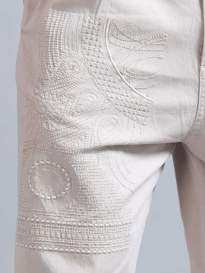 Cream Relaxed Fit Trousers for Men detail view - Battalion Embroidered Trouser by Italian Colony