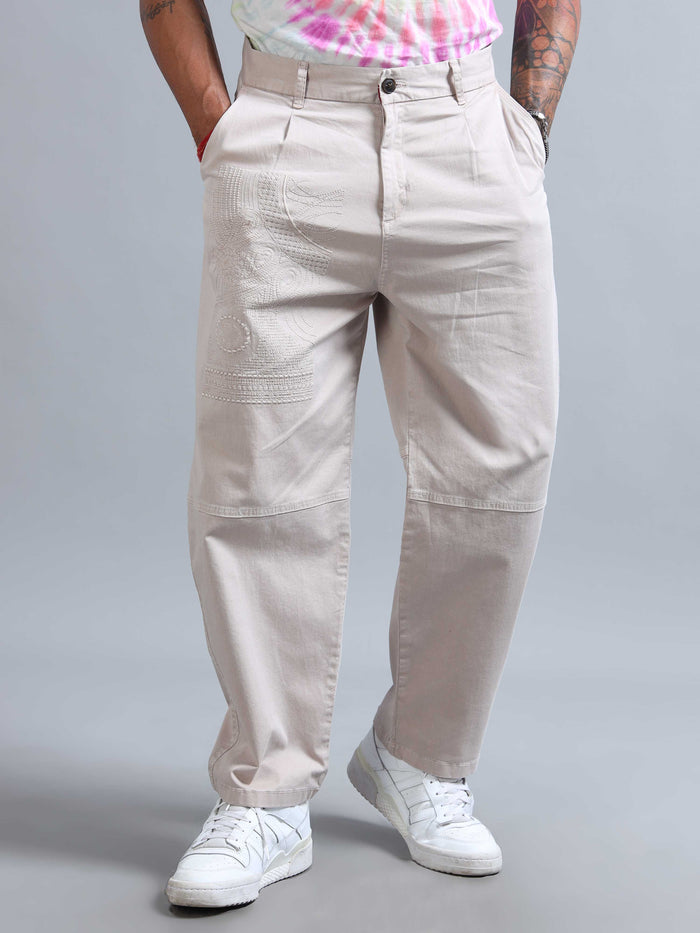 Cream Relaxed Fit Trousers for Men detail view - Battalion Embroidered Trouser by Italian Colony