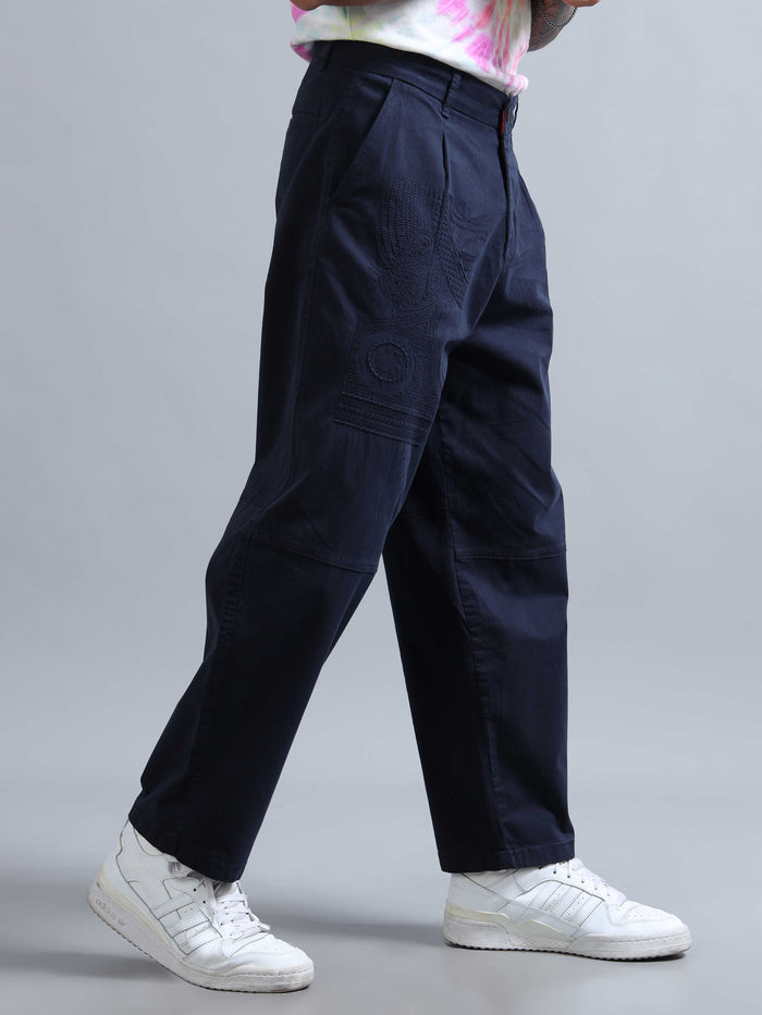 Navy Relaxed Fit Trousers for Men front view - Battalion Embroidered Trouser by Italian Colony