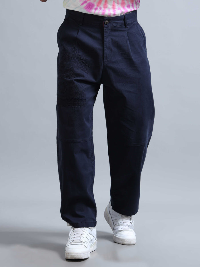 Navy Relaxed Fit Trousers for Men detail view - Battalion Embroidered Trouser by Italian Colony