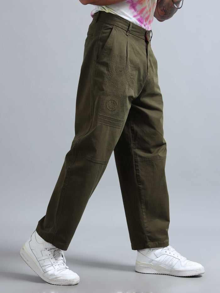 Olive Relaxed Fit Trousers for Men front view - Battalion Embroidered Trouser by Italian Colony