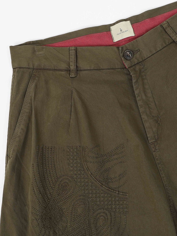 Olive Relaxed Fit Trousers for Men detail view - Battalion Embroidered Trouser by Italian Colony