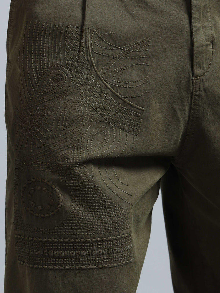 Olive Relaxed Fit Trousers for Men detail view - Battalion Embroidered Trouser by Italian Colony