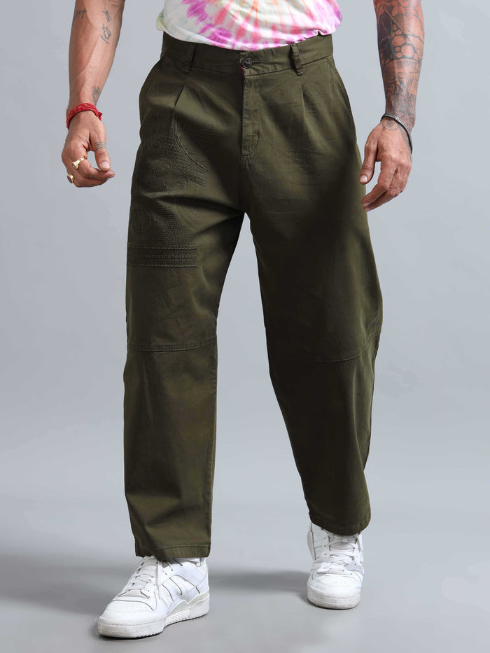Olive Relaxed Fit Trousers for Men detail view - Battalion Embroidered Trouser by Italian Colony