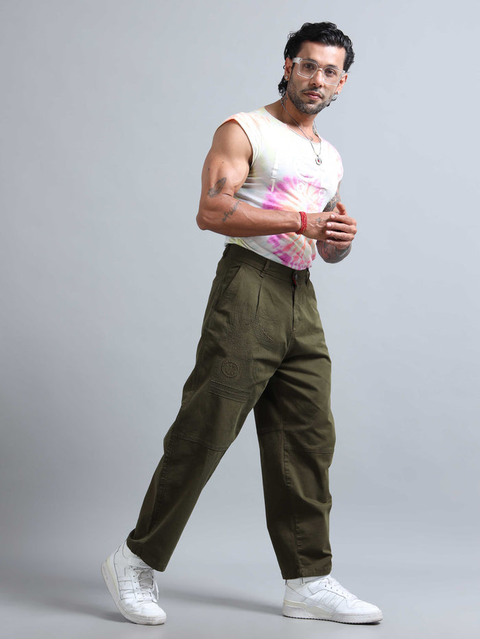 Olive Relaxed Fit Trousers for Men detail view - Battalion Embroidered Trouser by Italian Colony