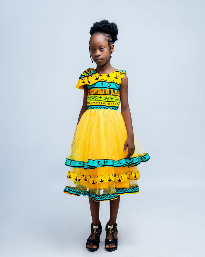 Beulah Girls African Step Dress in Safari Print & Yellow Tulle