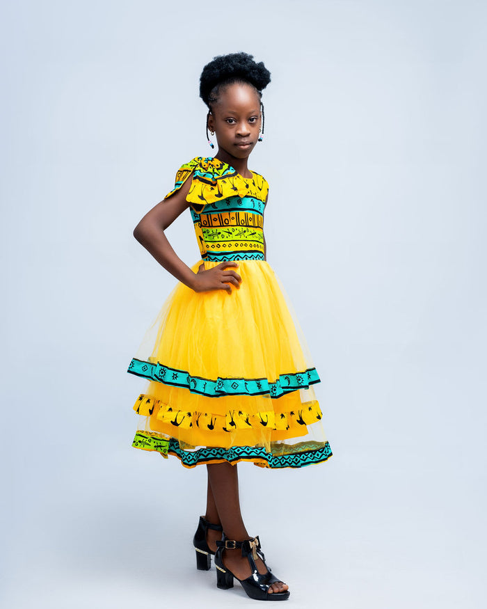 Beulah Girls African Step Dress in Safari Print & Yellow Tulle