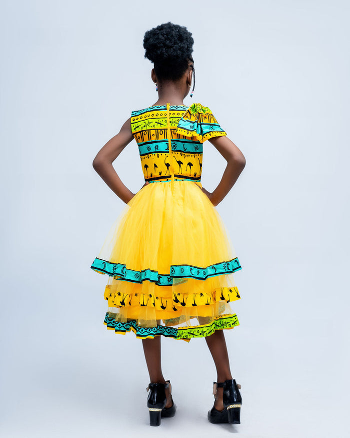 Beulah Girls African Step Dress in Safari Print & Yellow Tulle