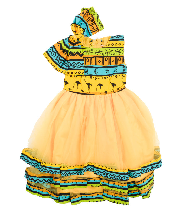 Beulah Girls African Step Dress in Safari Print & Yellow Tulle