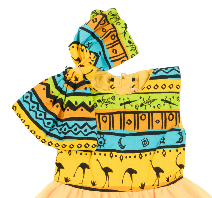 Beulah Girls African Step Dress in Safari Print & Yellow Tulle
