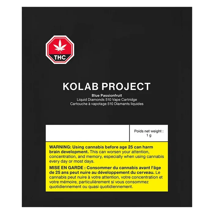 Front-facing black packaging shot showing the Kolab Project Blue Passionfruit Diamonds Vape Cartridge box with white logo and yellow warning panel.