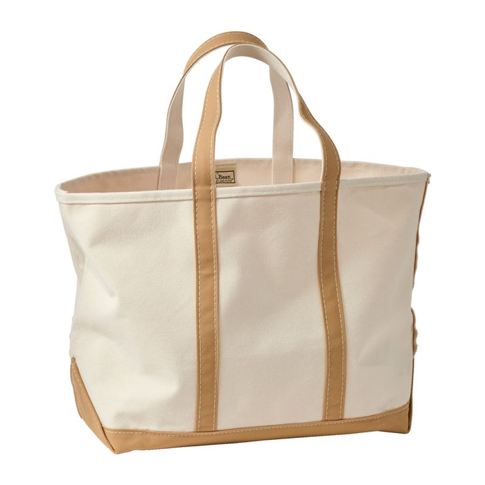 Beige tote bag with brown handles and trim on a white background