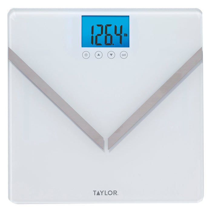 White glass body composition scale with eight user recognition and blue backlit display
