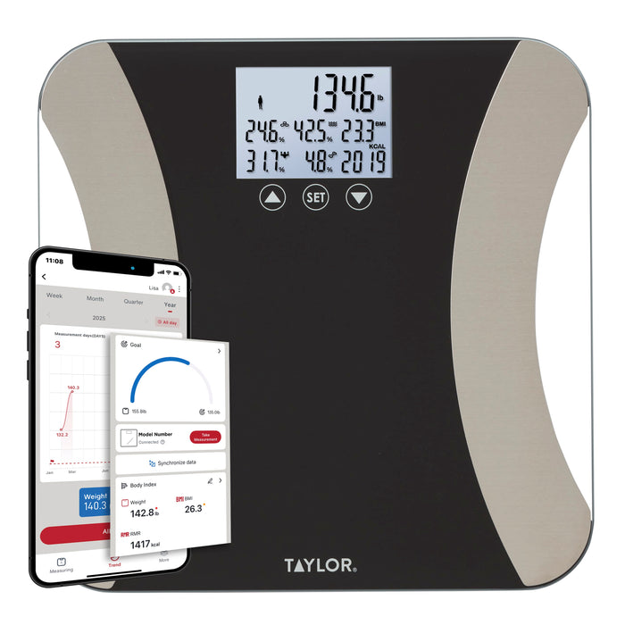 Black body composition scale with digital display and app overlay