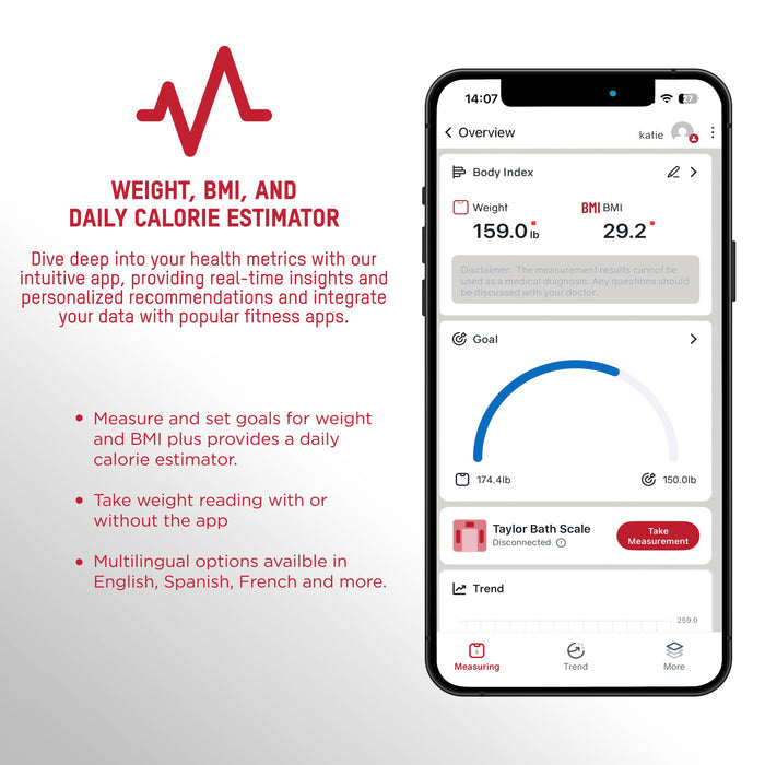 Body Composition Smart Scale with Precision Hub App in black shown with a smartphone displaying body index and weight
