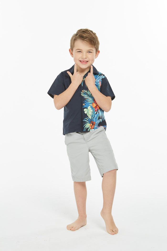 Boy Aloha Luau Shirt in Orchid Paradise in Navy