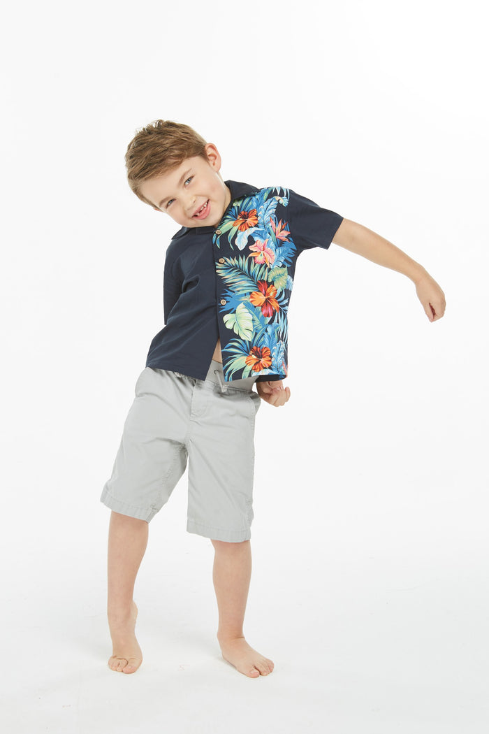 Boy Aloha Luau Shirt in Orchid Paradise in Navy