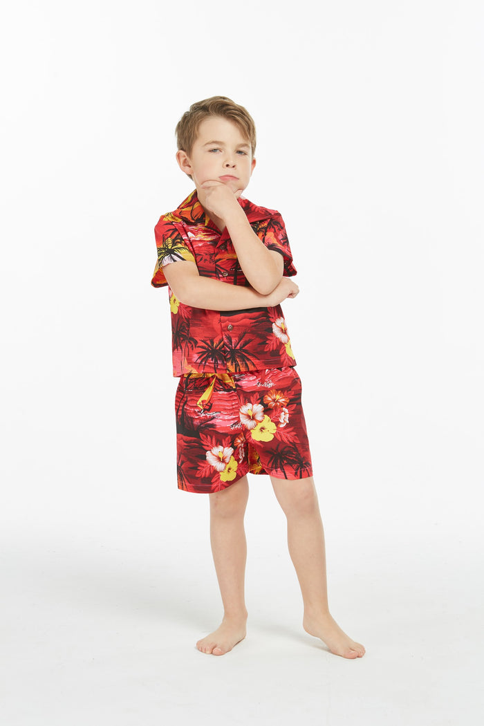 Boy Aloha Shirt Cabana Set in Dolphin Sunset Red