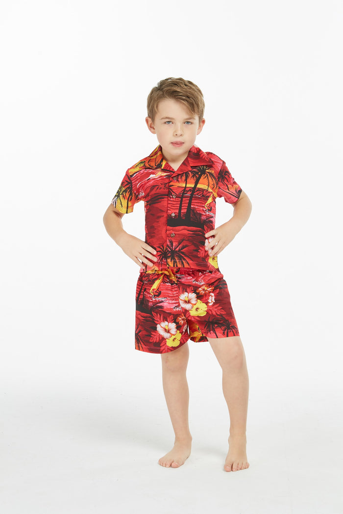 Boy Aloha Shirt Cabana Set in Dolphin Sunset Red
