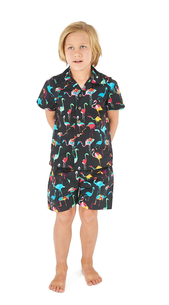 Boy Aloha Shirt Cabana Set in Flamingo Party Black