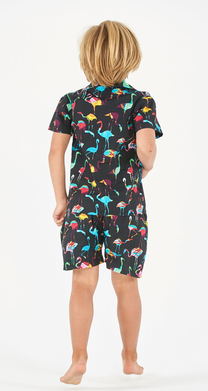 Boy Aloha Shirt Cabana Set in Flamingo Party Black