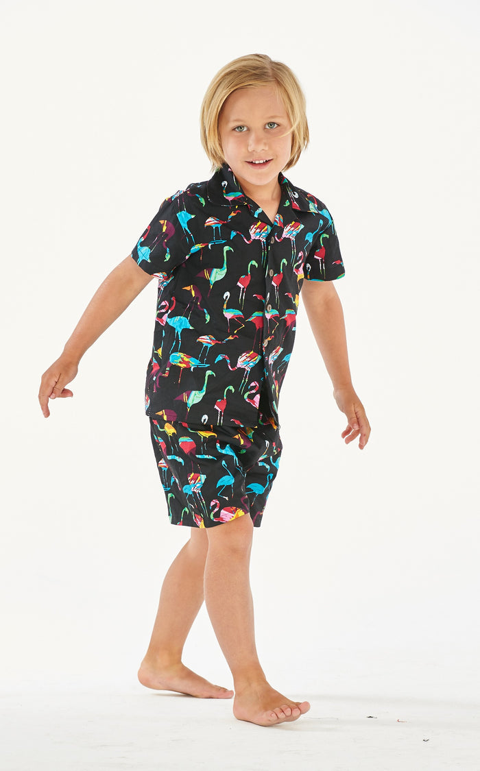 Boy Aloha Shirt Cabana Set in Flamingo Party Black