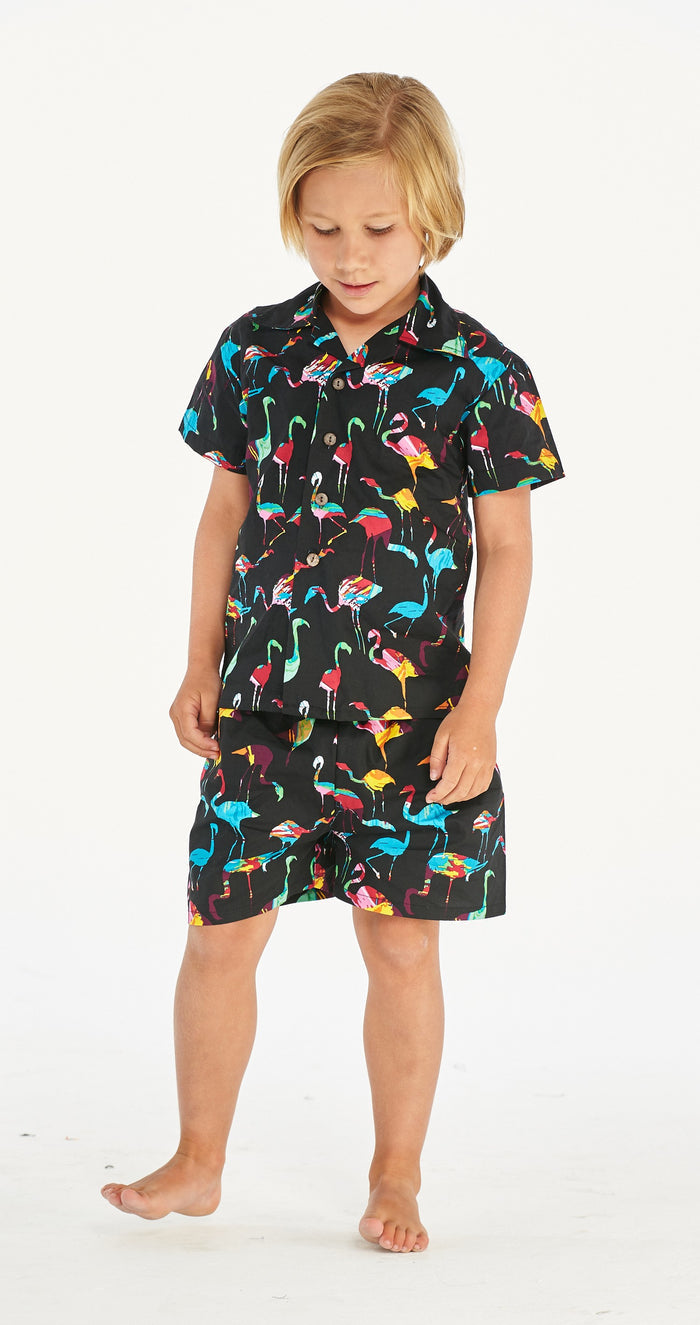 Boy Aloha Shirt Cabana Set in Flamingo Party Black