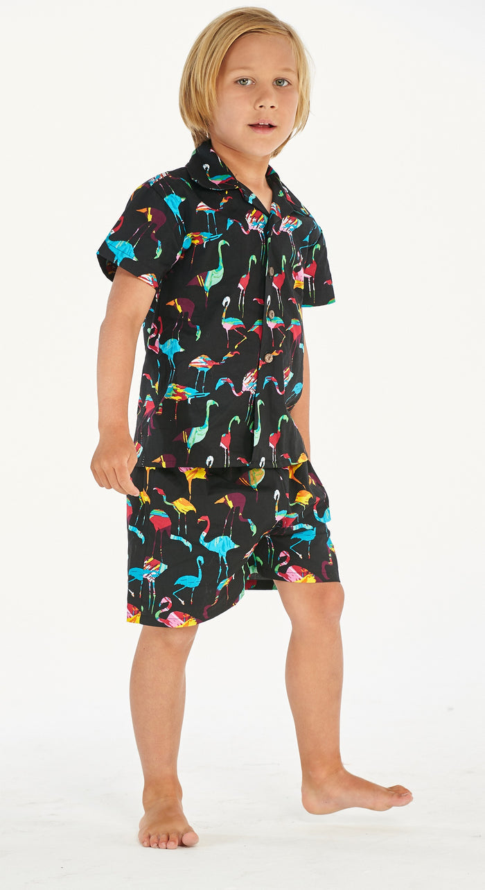 Boy Aloha Shirt Cabana Set in Flamingo Party Black