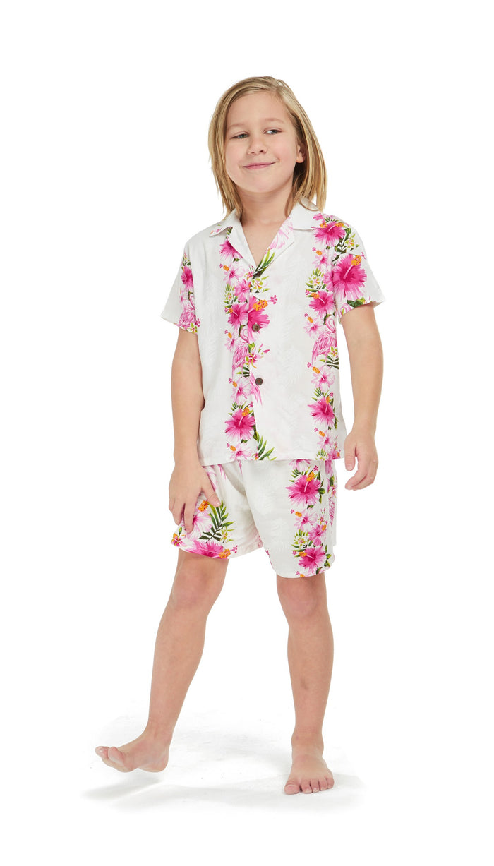 Boy Aloha Shirt Cabana Set in Pink Hibiscus Vine