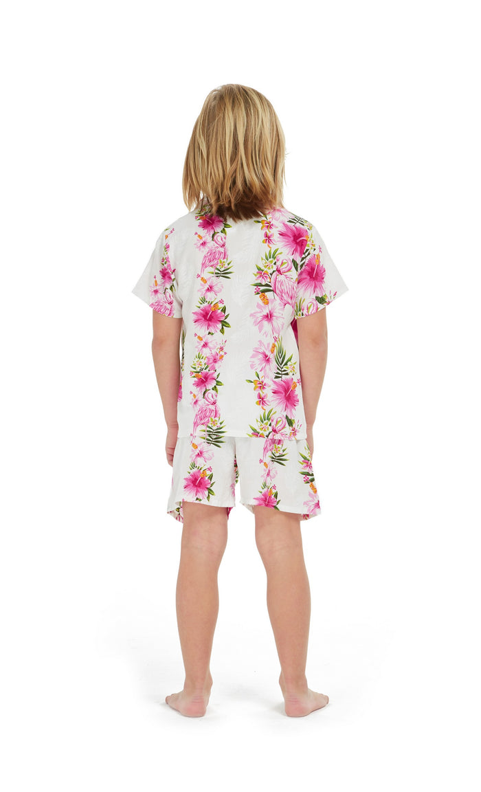 Boy Aloha Shirt Cabana Set in Pink Hibiscus Vine