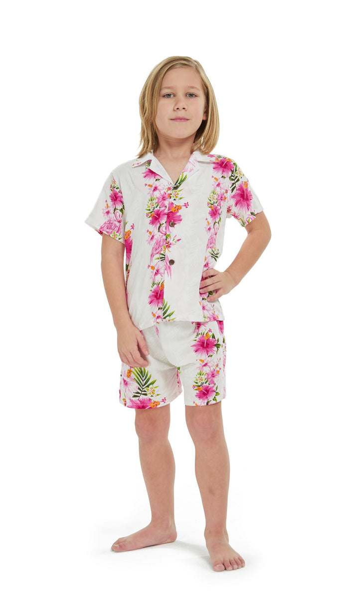 Boy Aloha Shirt Cabana Set in Pink Hibiscus Vine